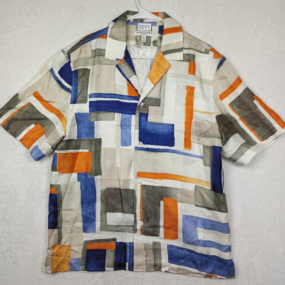 Banana Republic Mens M Tall Silk Abstract Geometric Camp Shirt Blue Orange White